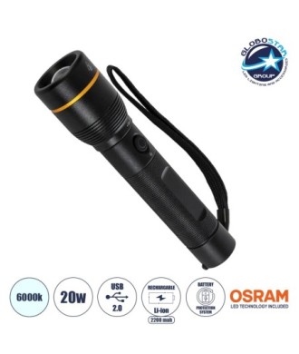 GloboStar® 69937 Φορητός Φακός Χειρός LED Osram 20W με Επαναφορτιζόμενη Μπαταρία 2200mAh & Καλώδιο Φόρτισης USB - Ψυχρό Λευκό 6000K - Φ3.5 x Υ15cm